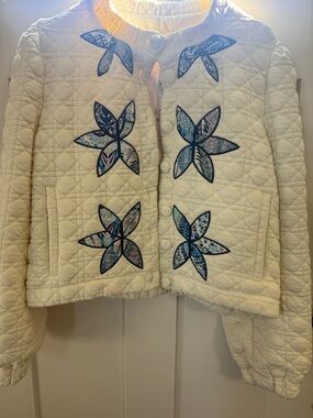 eesome Cream Quilted Jacket with Blue Floral Patchwork